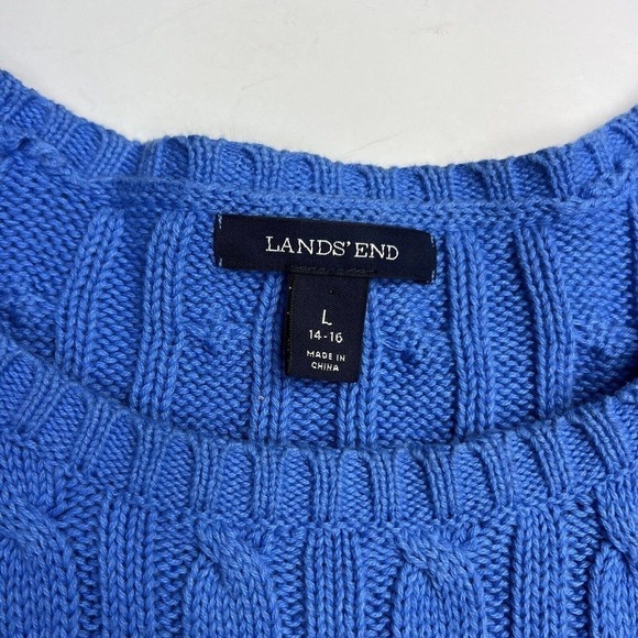 Lands End Blue Cable Knit Crewneck Sweater Size L 14-16 - Picture 5 of 9